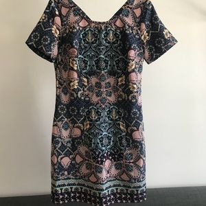 Pink and blue patterned dress with back details